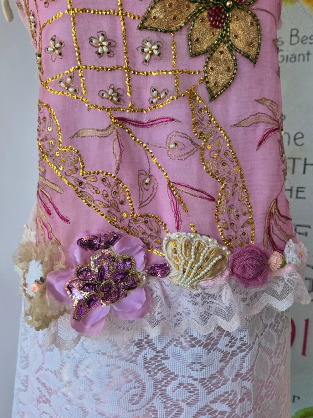 Handmade Cream Pink Gold Embroidered Lace Tube-Top Blouse Balletcore Style Med - Picture 10 of 13